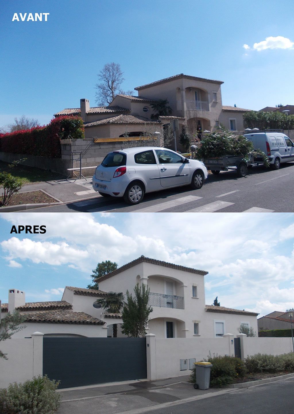 Avant-après d'une maison refaite à neuf devant un passage piéton