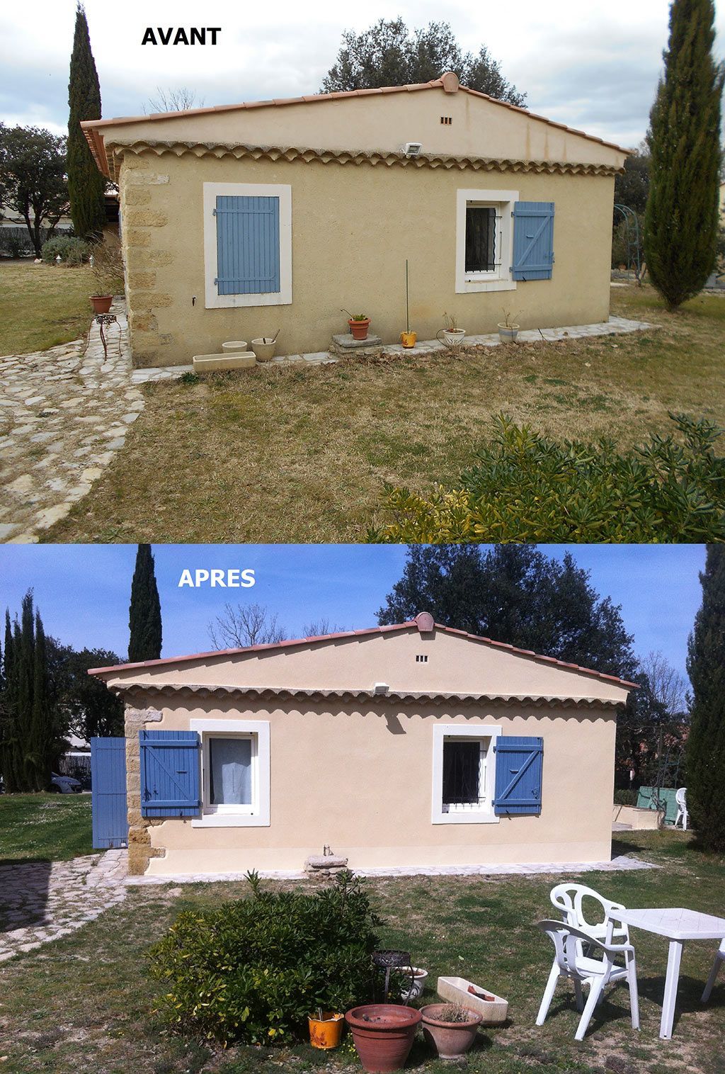 Avant-après d'une maison avec des taches d'humidité qui devient orange et avec des menuiseries bleues vue de face