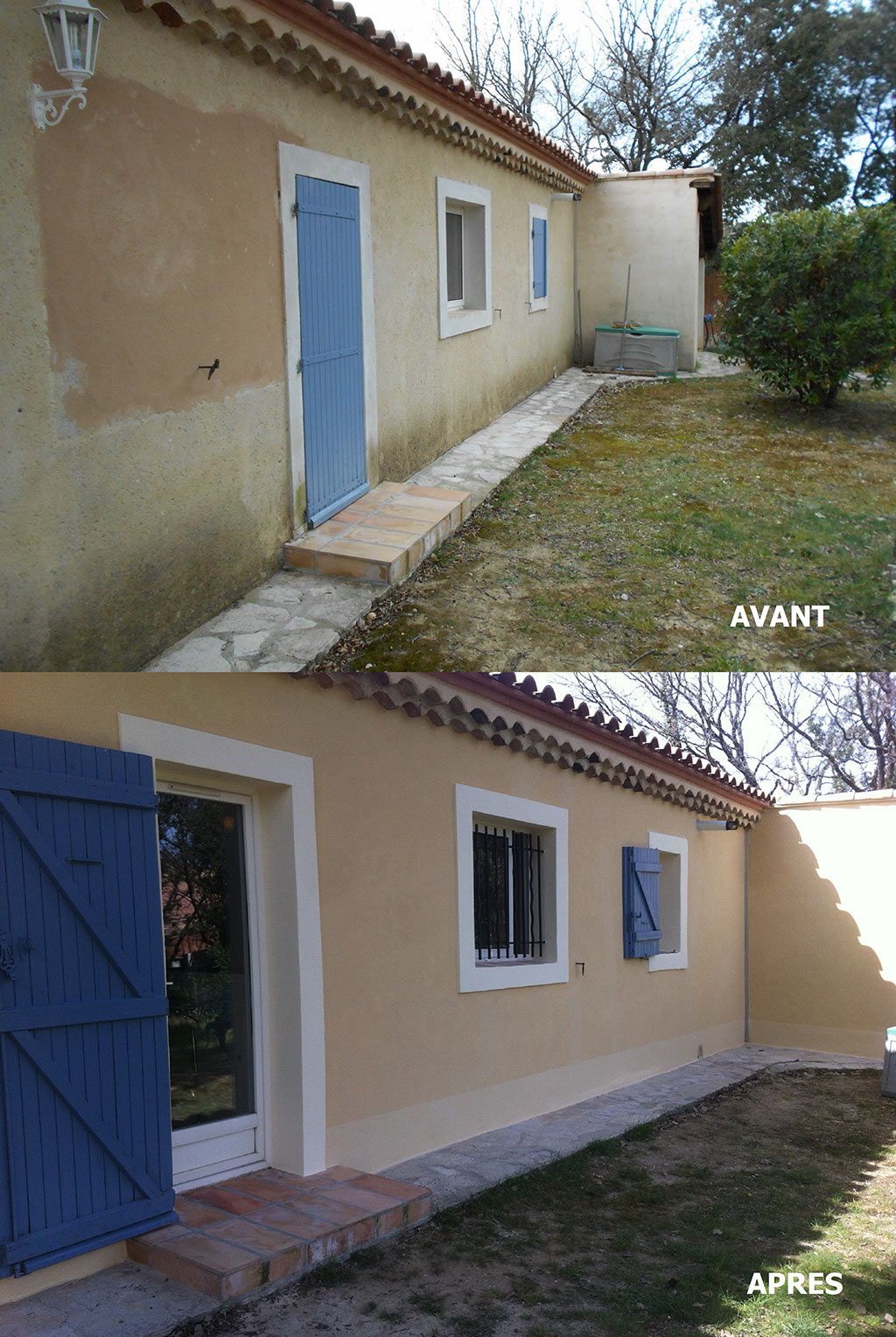 Avant-après d'une maison avec des taches d'humidité qui devient orange et avec des menuiseries bleues