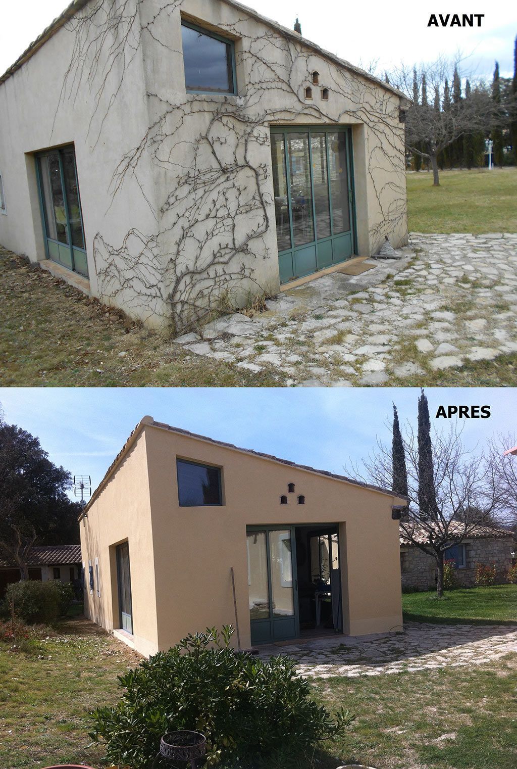 Avant-après d'une maison avec des tâches d'humidité qui devient orange
