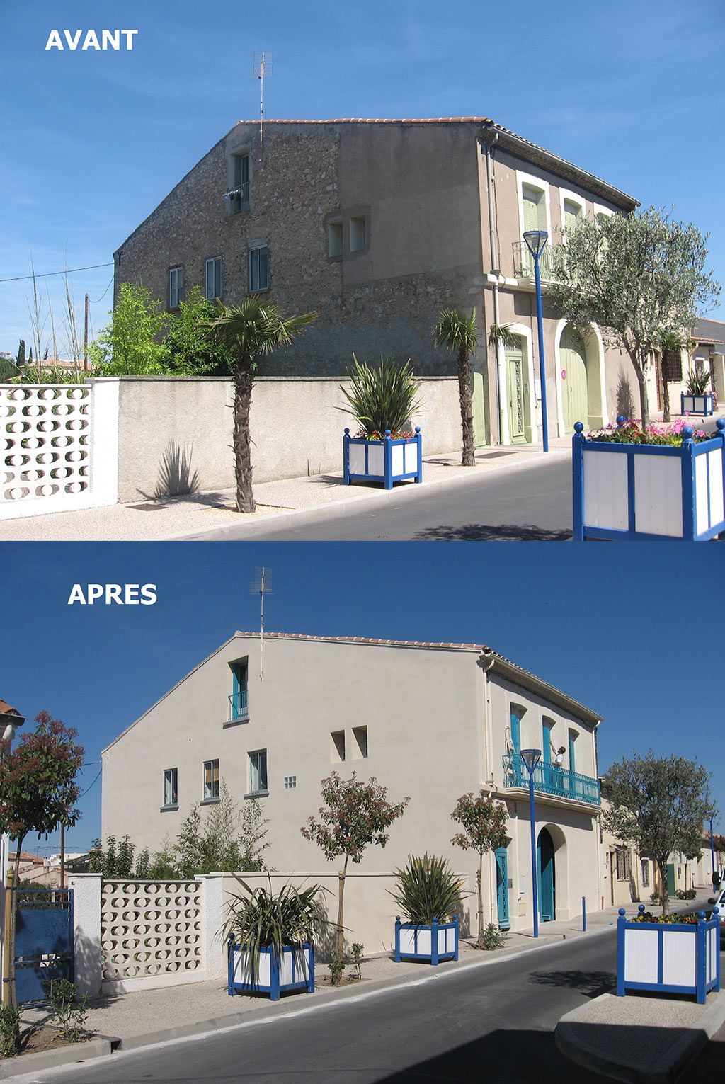 Avant-après avec un muret d'une maison orange d'une maison blanche dont les menuiseries passent du vert au bleu