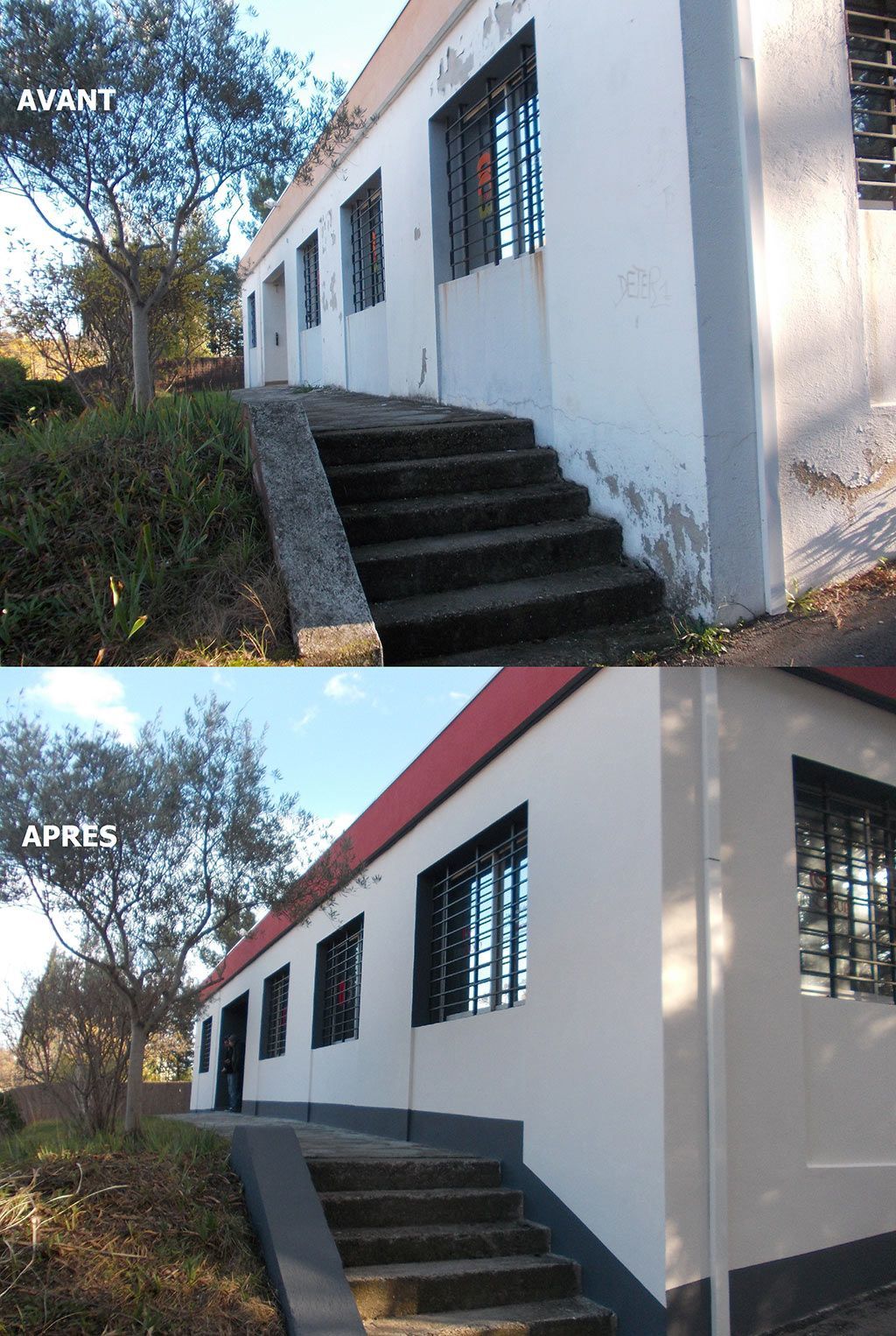 Avant-après d'un bâtiment blanc, rouge et noir avec un escalier en pierres noires