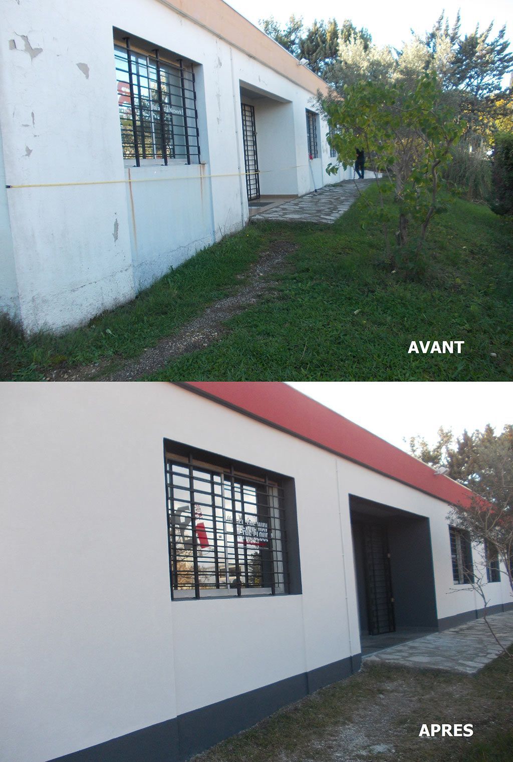 Avant-après d'un bâtiment blanc, rouge et noir