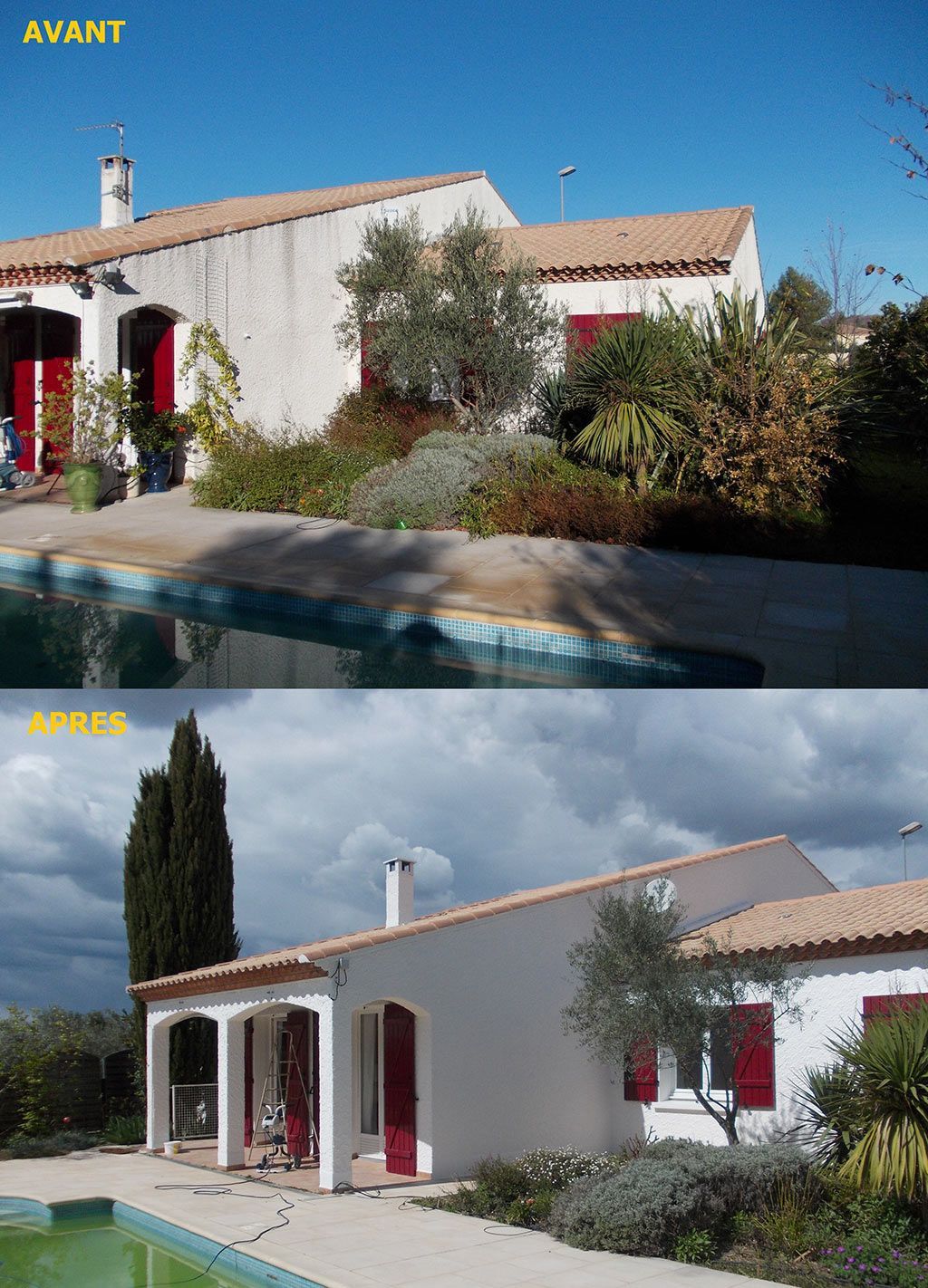 Avant-après d'une maison avec piscine et contour