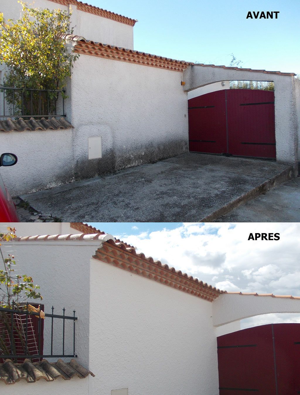 Avant-après d'un terrain en pierre d'une maison avec une porte rouge