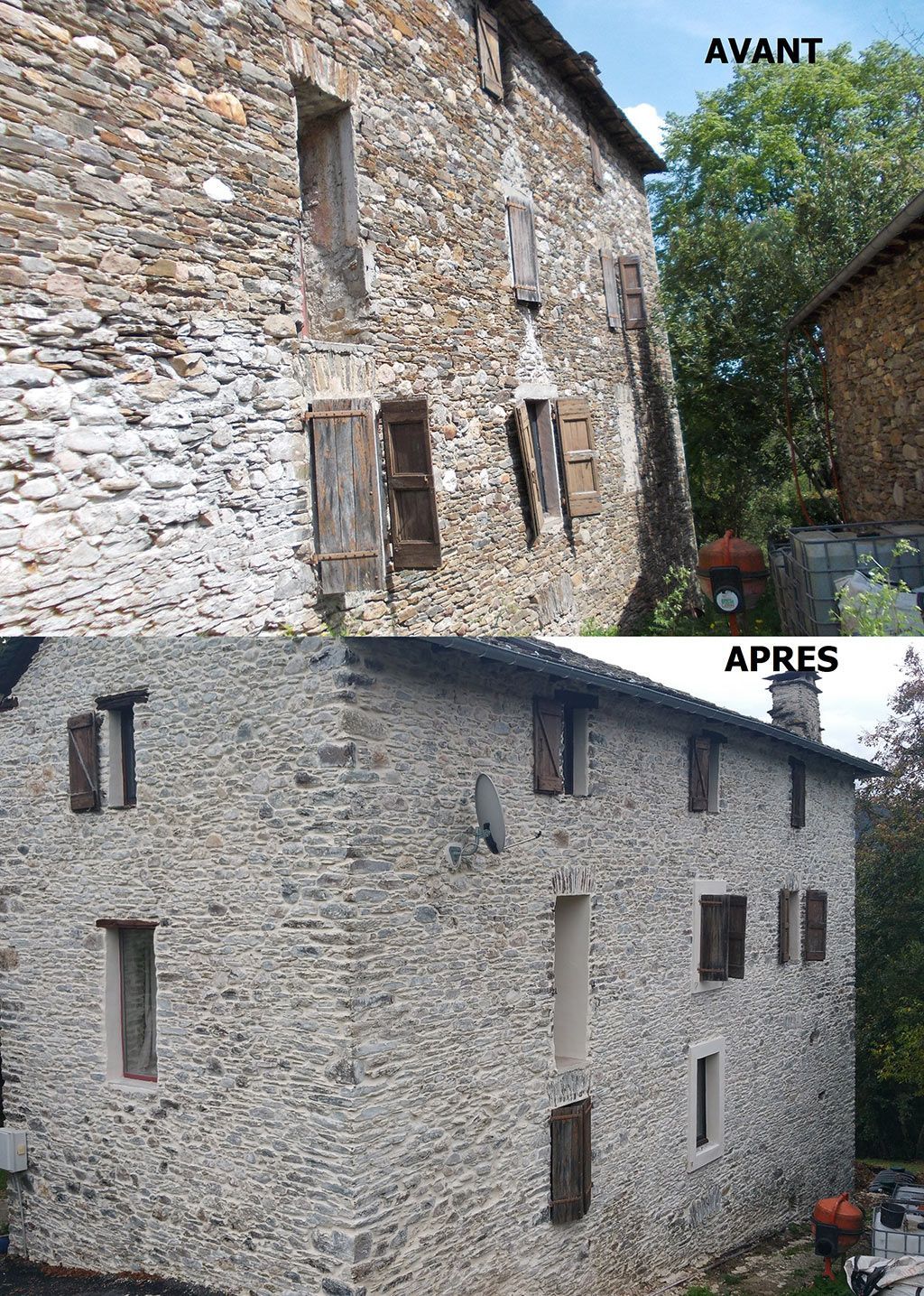 Avant-après d'une maison ancienne en pierre avec des menuiseries en bois