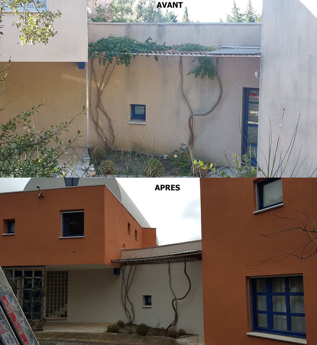 Avant-après d'un bâtiment sale qui devient ocre