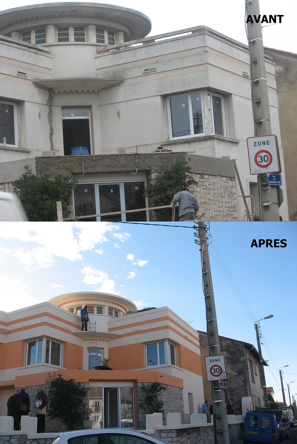 Avant-après d'un bâtiment en pierre qui devient orange