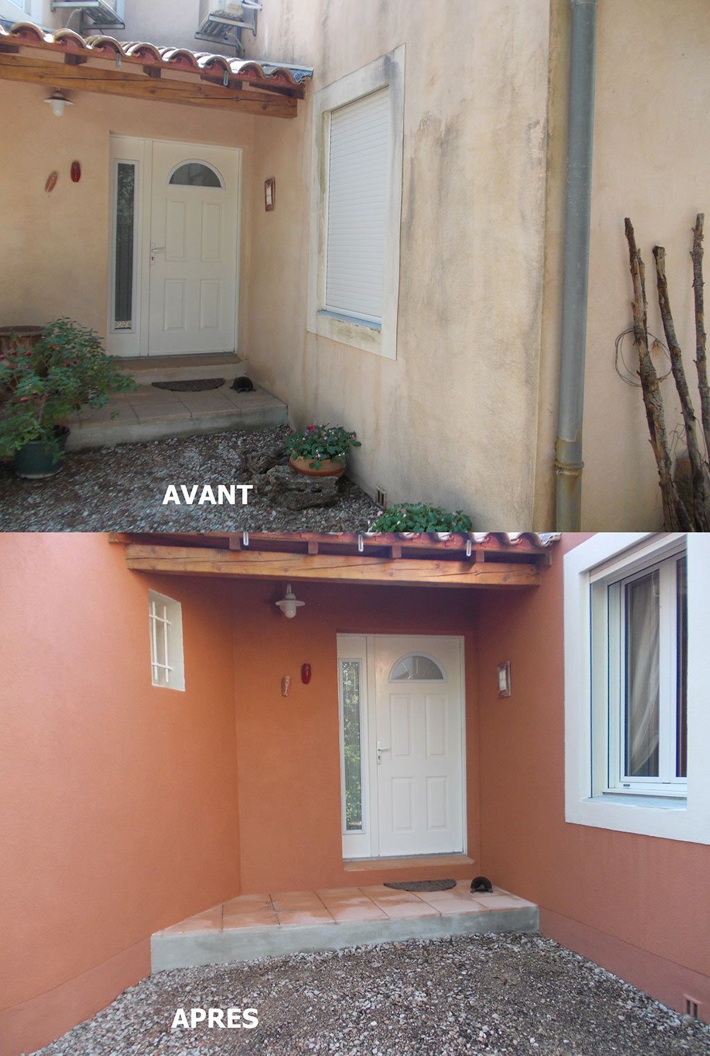 Avant-après de l'entrée d'une maison beige qui devient orange