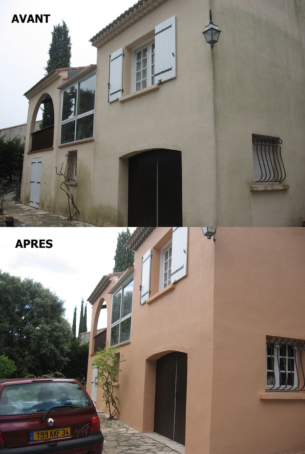 Avant-après d'une maison qui devient orange ocre avec des menuiseries blanches