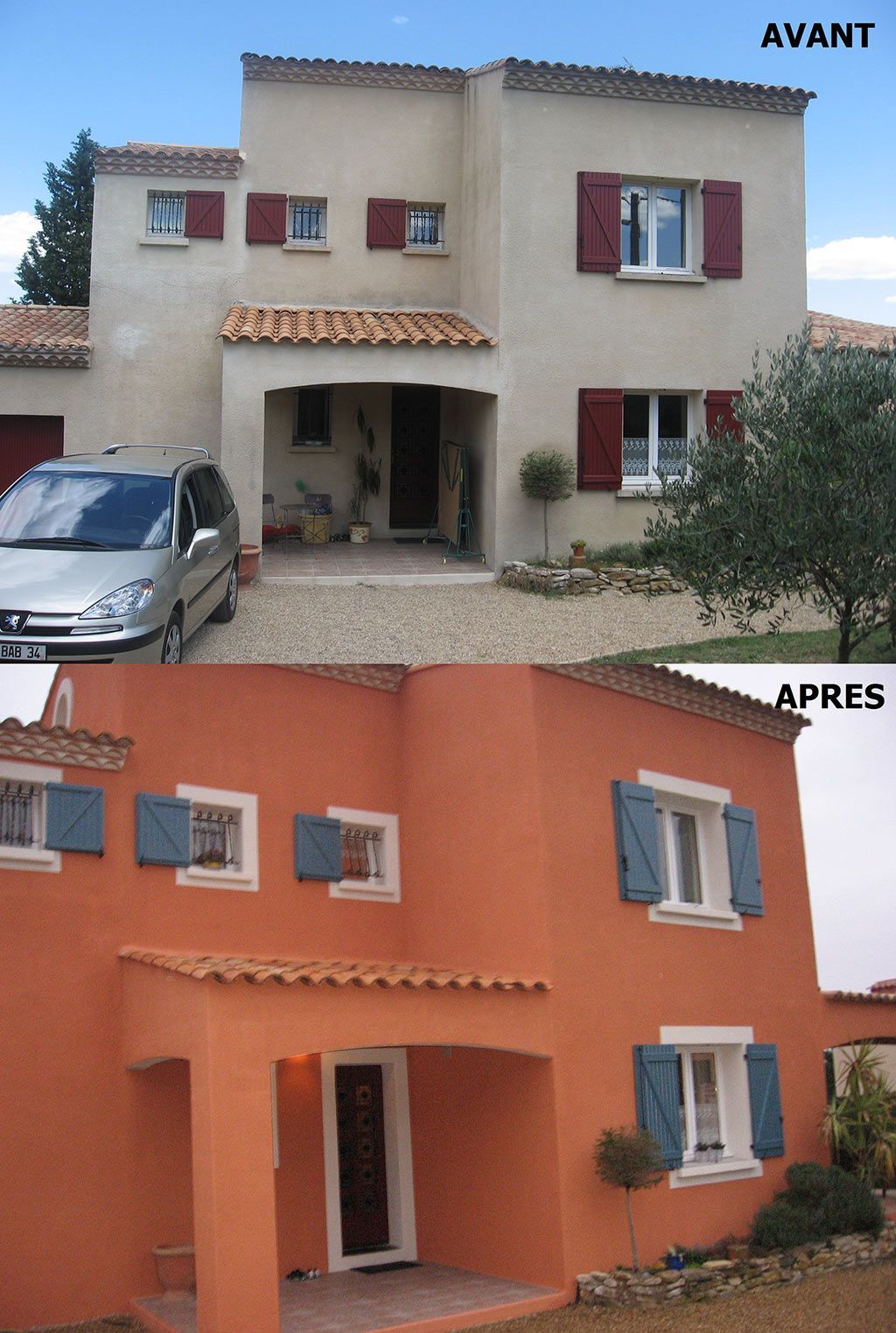 Avant-après d'une maison grise qui devient rouge ocre