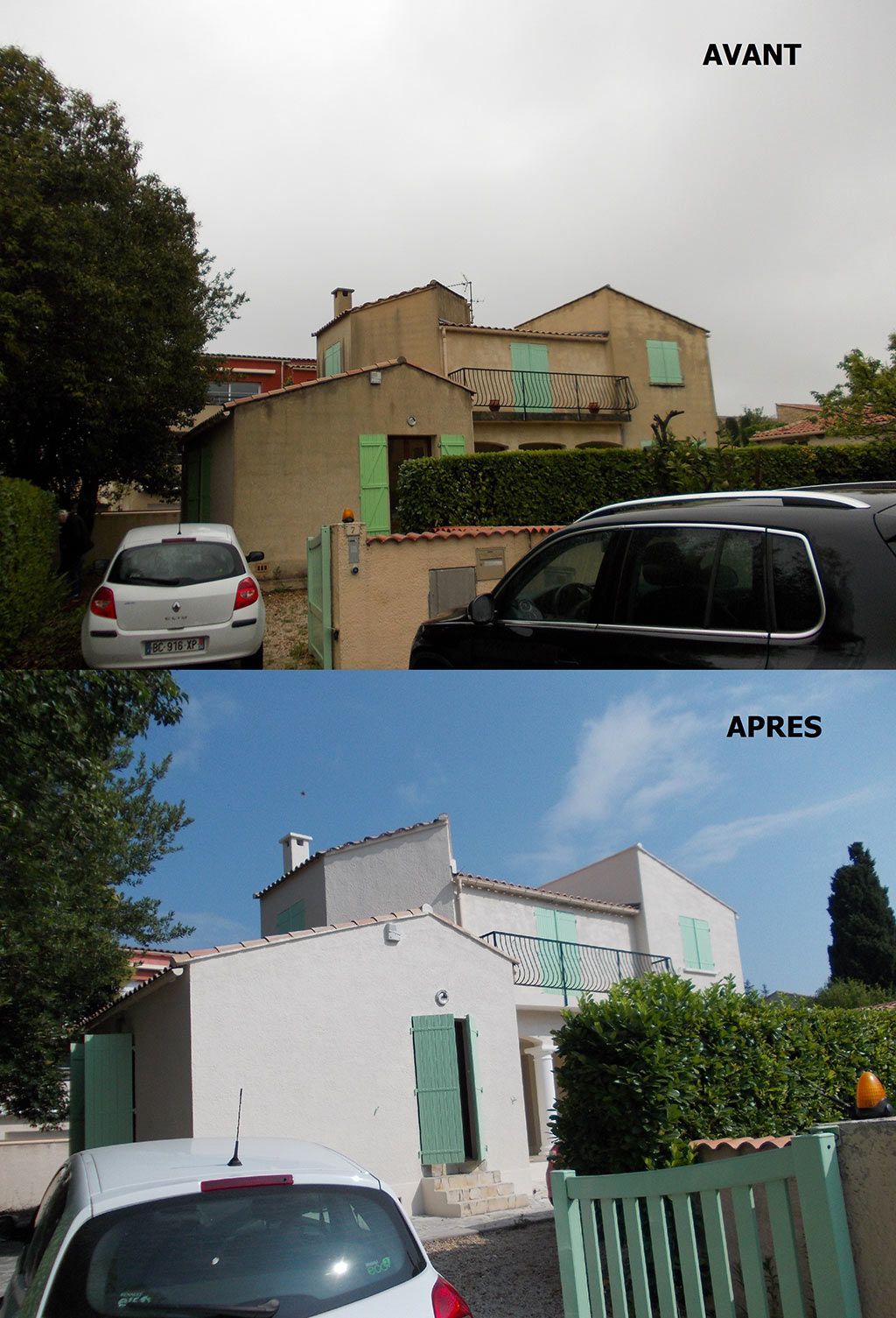 Avant-après d'une maison orange qui devient blanche, avec des menuiseries vertes claires