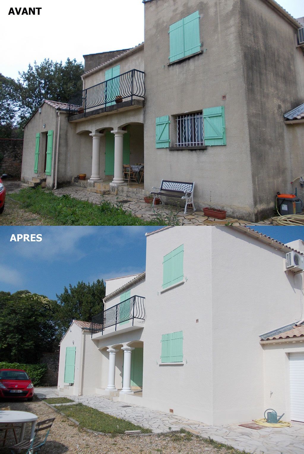 Avant-après d'une maison aux menuiseries vertes claires