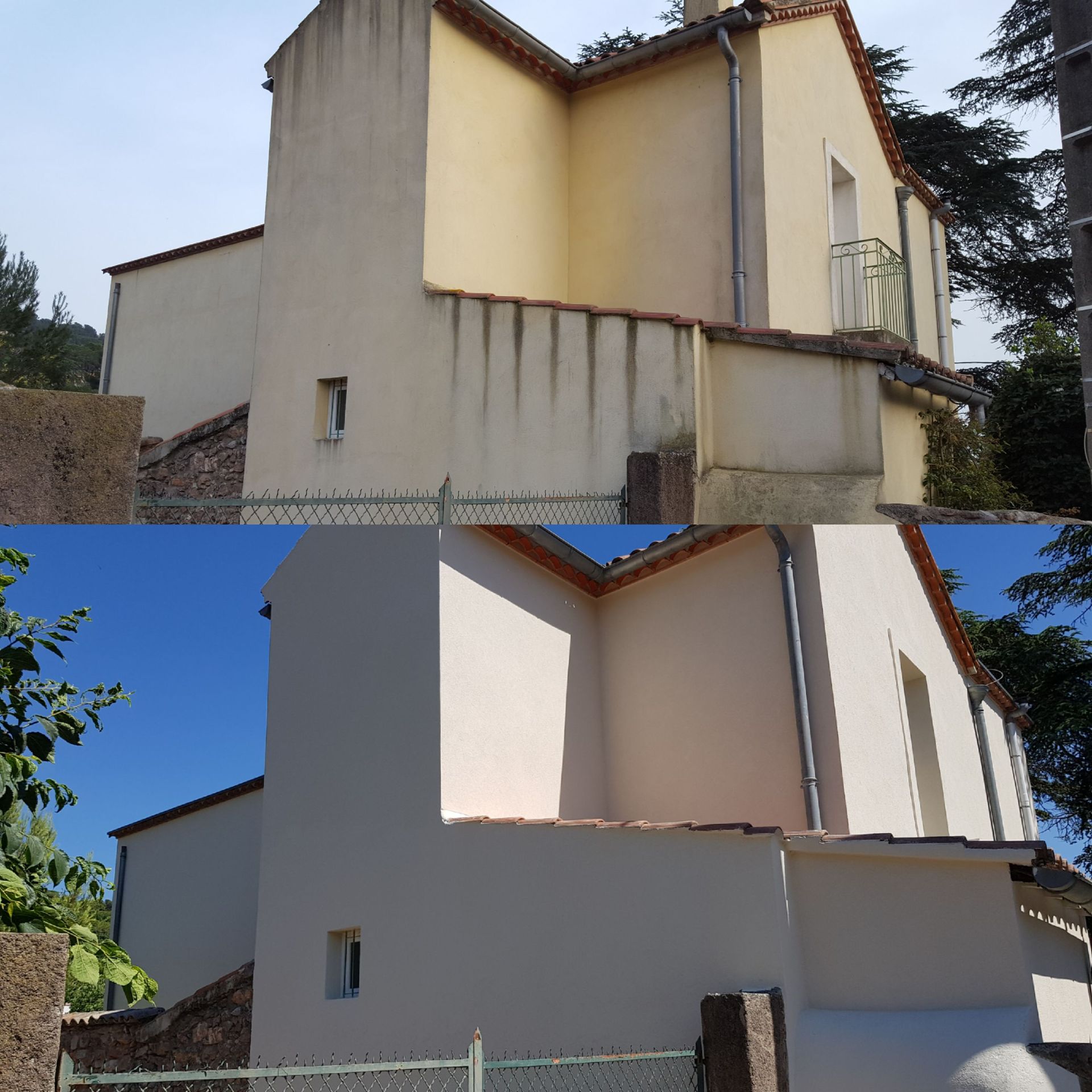 Avant-après d'une maison qui avait des coulures de pluie sur la façade