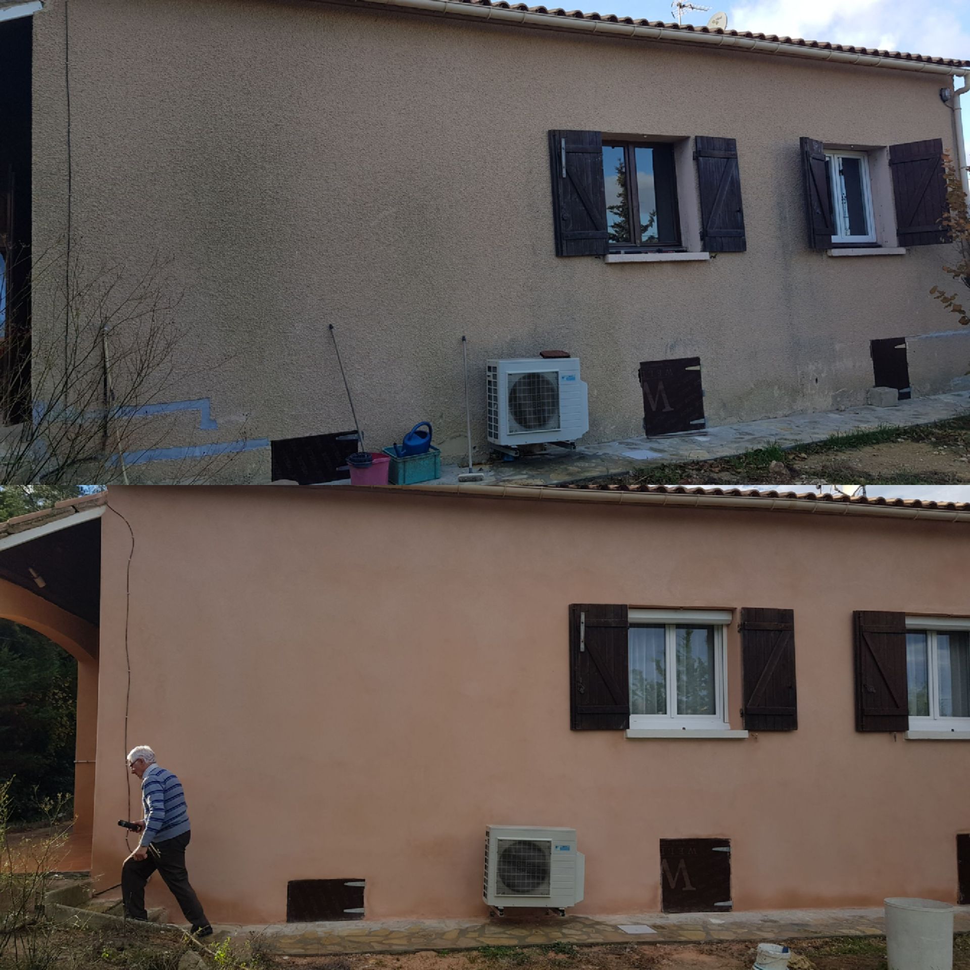 Avant-après d'une maison orange avec une climatisation