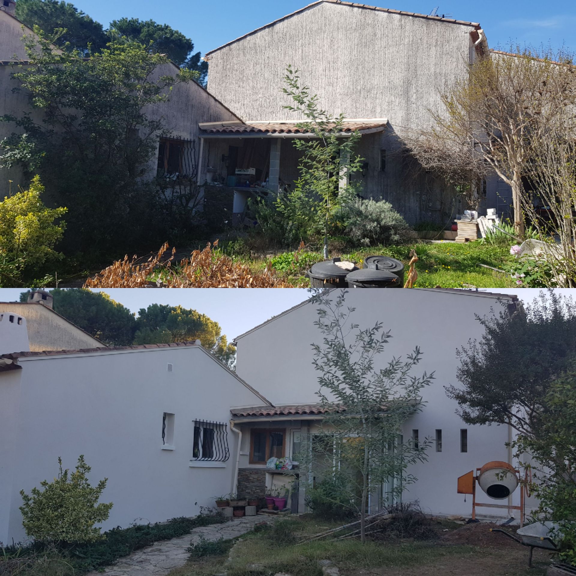 Avant-après d'une maison avec un jardin vert