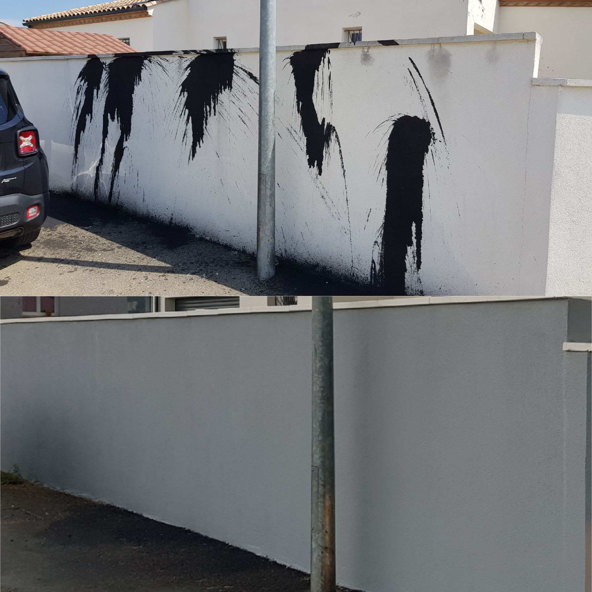 Avant-après d'un mur blanc taché en mur gris