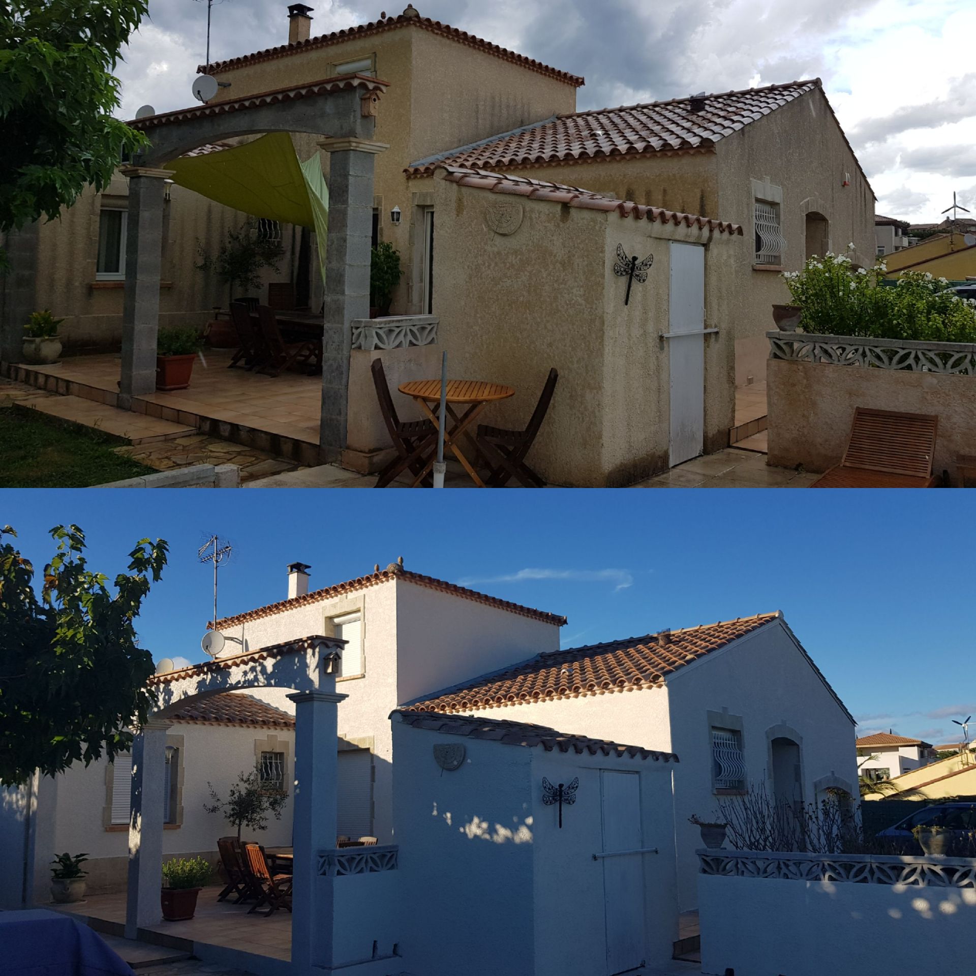 Avant-après d'une maison avec une terrasse en pierre