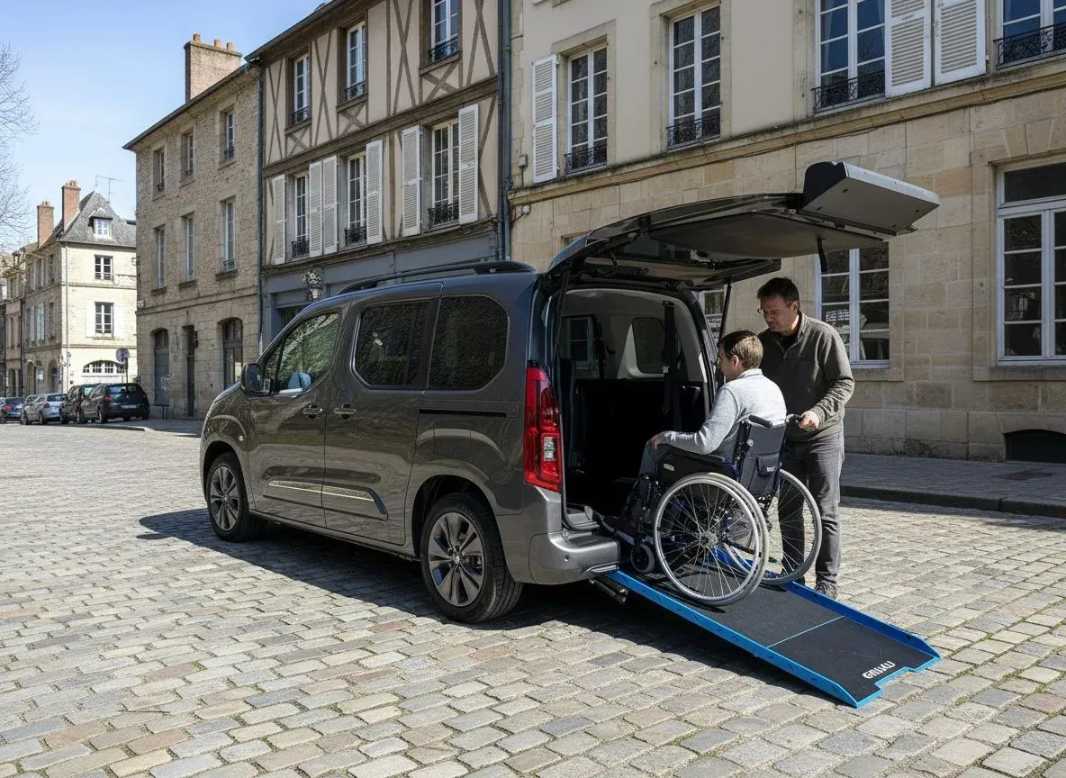 Une personne en fauteuil roulant monte à bord d'une camionnette noire par une rampe