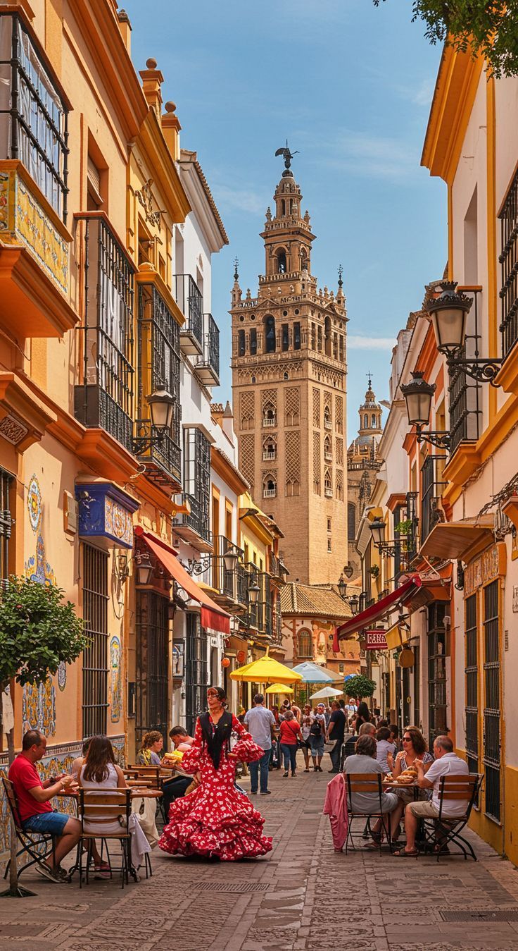 Escena callejera en Sevilla, España, con una bailaora de flamenco vestida de rojo, restaurantes y la Giralda.