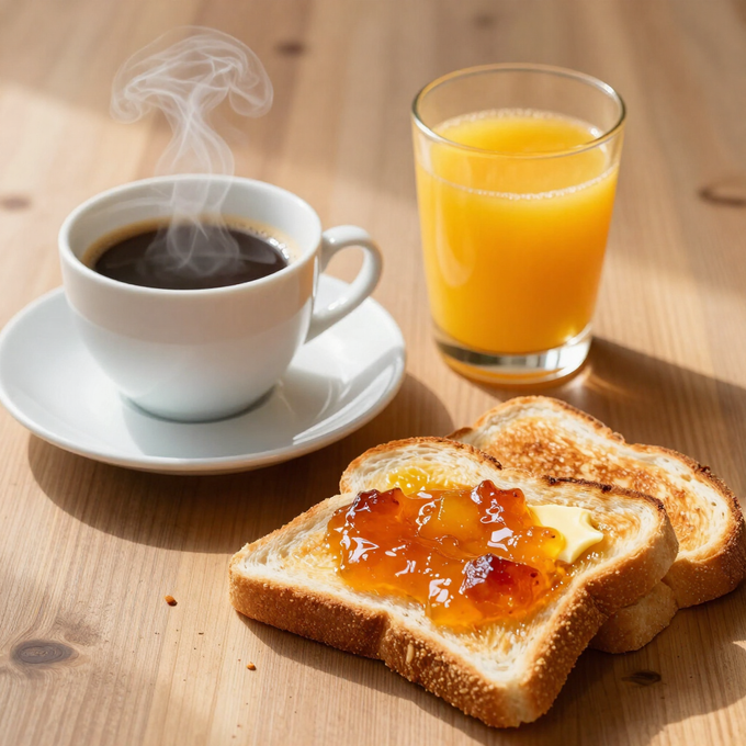 Café caliente, zumo de naranja y tostadas con mermelada sobre una mesa de desayuno de madera.