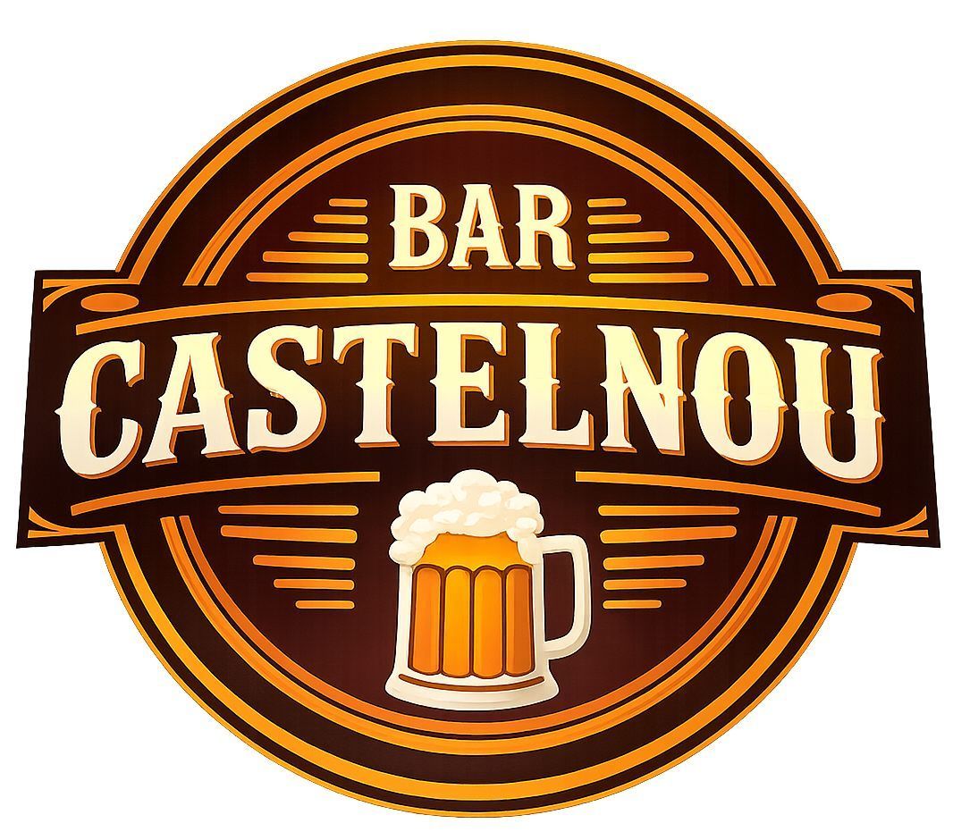 Logotipo de Bar Castelnou: Diseño circular marrón y dorado con ilustración de jarra de cerveza, texto "BAR CASTELNOU".