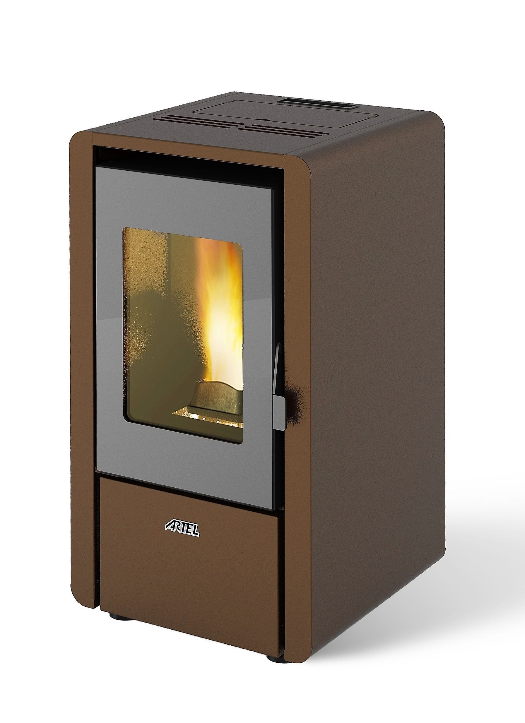Estufa de pellets marrón con puerta de cristal y llama visible en el interior.