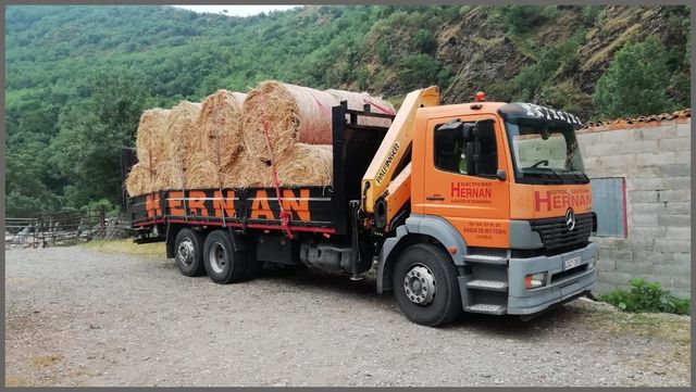 Camión volquete naranja y negro cargado de rocas en un camino de grava en una zona verde de ladera.