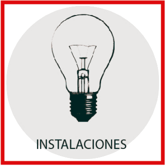 Icono de bombilla dentro de un círculo gris con la palabra “INSTALACIONES” debajo, enmarcado por un borde rojo.