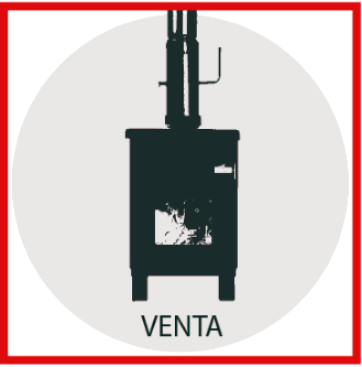 Icono de estufa de leña negra sobre un círculo gris claro con borde rojo, etiquetado como “VENTA” abajo.