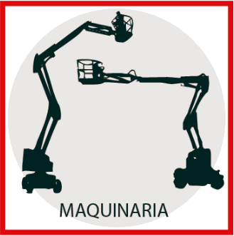 Siluetas de dos plataformas elevadoras que forman un arco sobre la palabra “MAQUINARIA” sobre un fondo blanco.