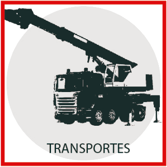 Camión de transporte negro con brazo de grúa largo y la palabra “TRANSPORTES” sobre fondo blanco.