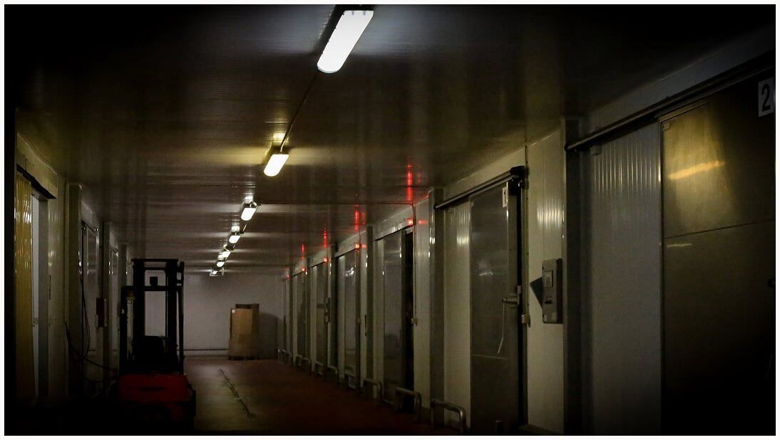Pasillo industrial con poca luz, puertas metálicas cerradas, luces en el techo y una carretilla elevadora a lo lejos.