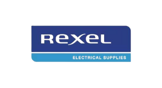 Un logo bleu et blanc pour les fournitures électriques rexel