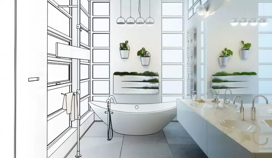 Un dessin en noir et blanc d'une salle de bain avec baignoire et lavabos.