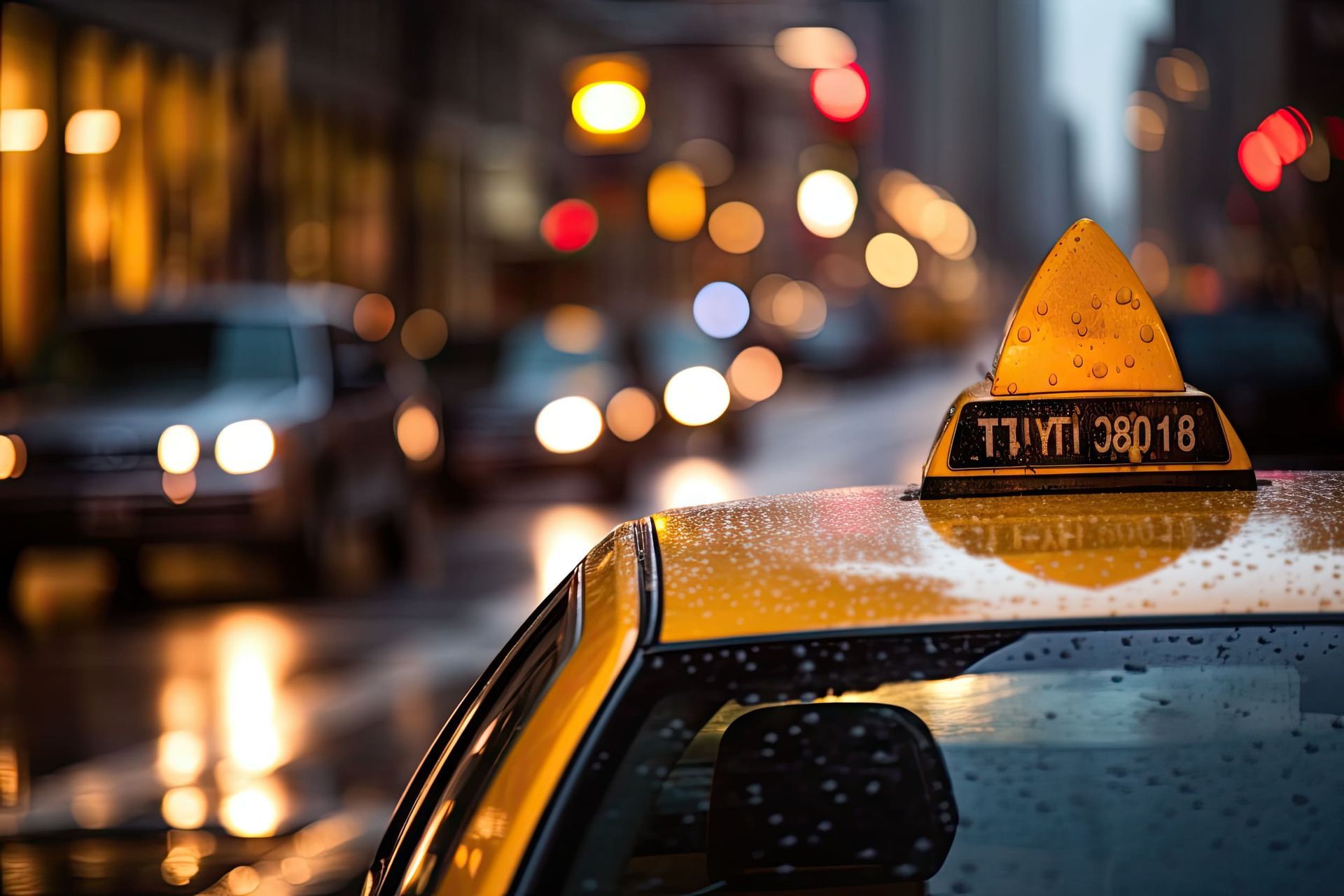 Techo de taxi amarillo, calle de la ciudad por la noche, luces borrosas.
