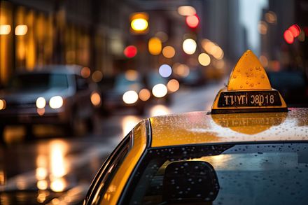 Techo de taxi amarillo, calle de la ciudad por la noche, luces borrosas.