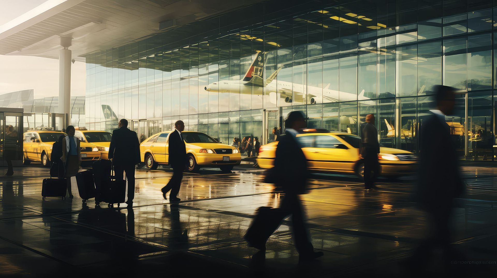 Gente saliendo de un aeropuerto, pasando junto a taxis amarillos. Edificio de cristal reflectante, tiempo soleado.