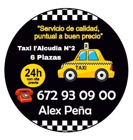 Anuncio circular de taxi con un coche amarillo, teléfono y número de teléfono sobre fondo negro. «Taxi l'Alcudia».