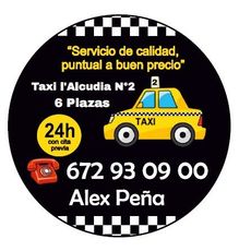 Anuncio circular de taxi con un coche amarillo, teléfono y número de teléfono sobre fondo negro. «Taxi l'Alcudia».