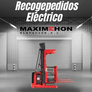 A red forklift is in a warehouse with the words recogepedidos electrico maximhon elevacion s.l.