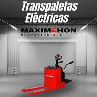 Una carretilla elevadora roja en un almacén con las palabras transpaletas eléctricas maximhon