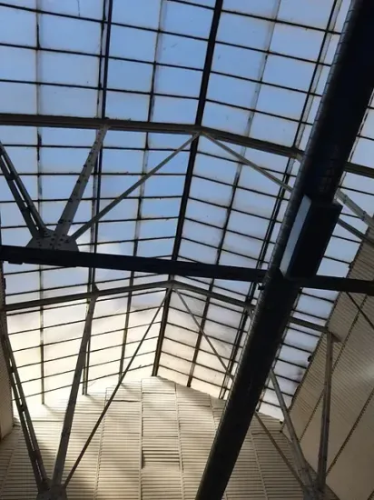 Mirando hacia el techo de un edificio con un techo transparente