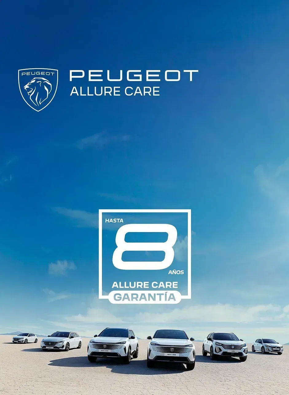 Un cartel para el cuidado del Peugeot Allure con un cielo azul de fondo.