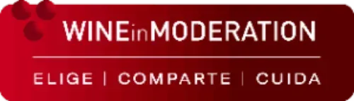 Un logotipo rectangular rojo con tres uvas de vino, el texto