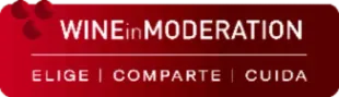 Un logotipo rectangular rojo con tres uvas de vino, el texto 