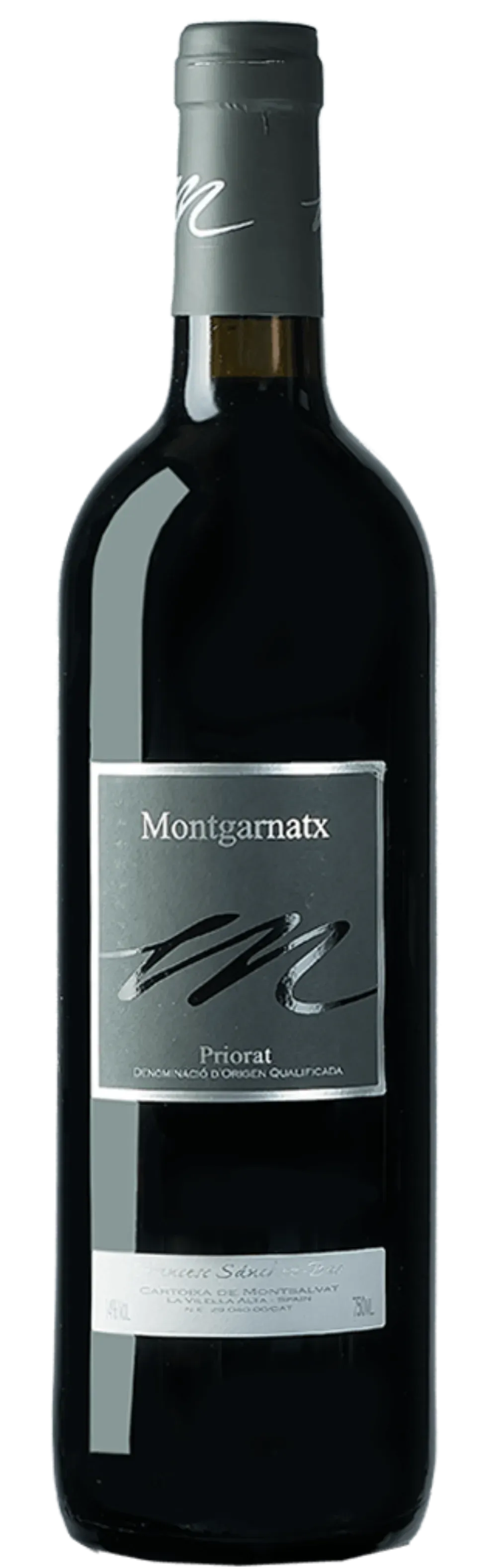 Una botella de vino tinto Muga Aro con una etiqueta oscura y minimalista que presenta una firma plateada estilizada .