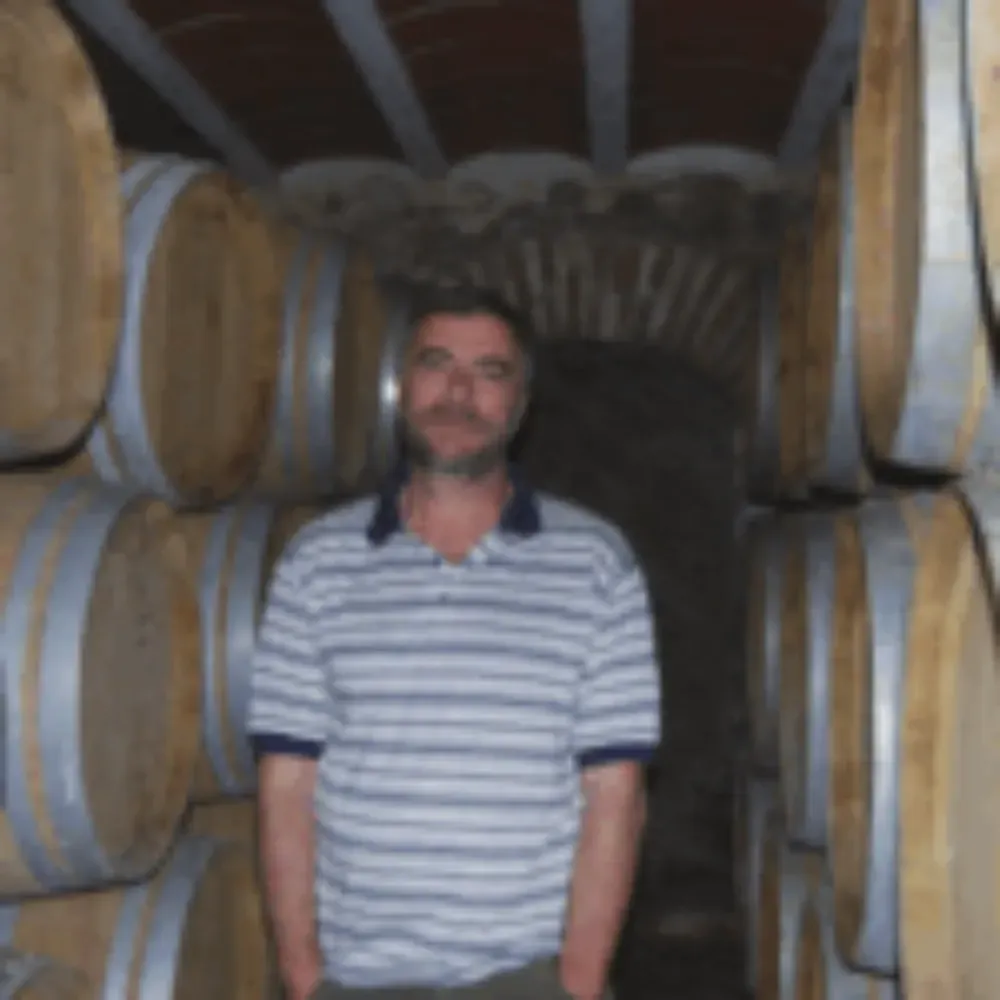 Un hombre con una camisa polo a rayas se encuentra en una bodega repleta de hileras de barriles de vino de madera.