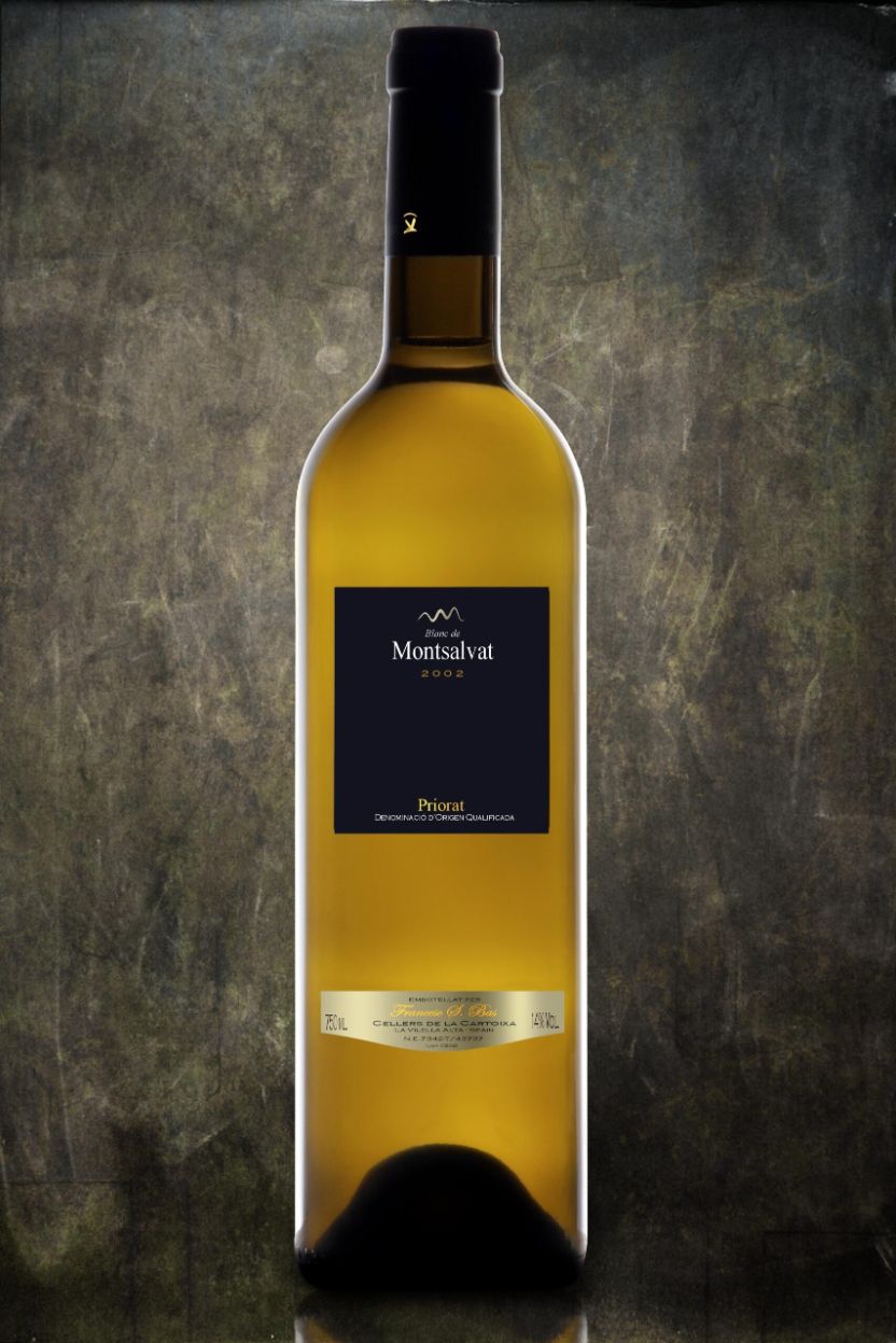 Una botella de vino blanco con etiqueta negra, sobre un fondo oscuro y texturizado.