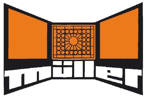 Das orange-schwarze Müller-Logo zeigt geometrische Formen und den Firmennamen.